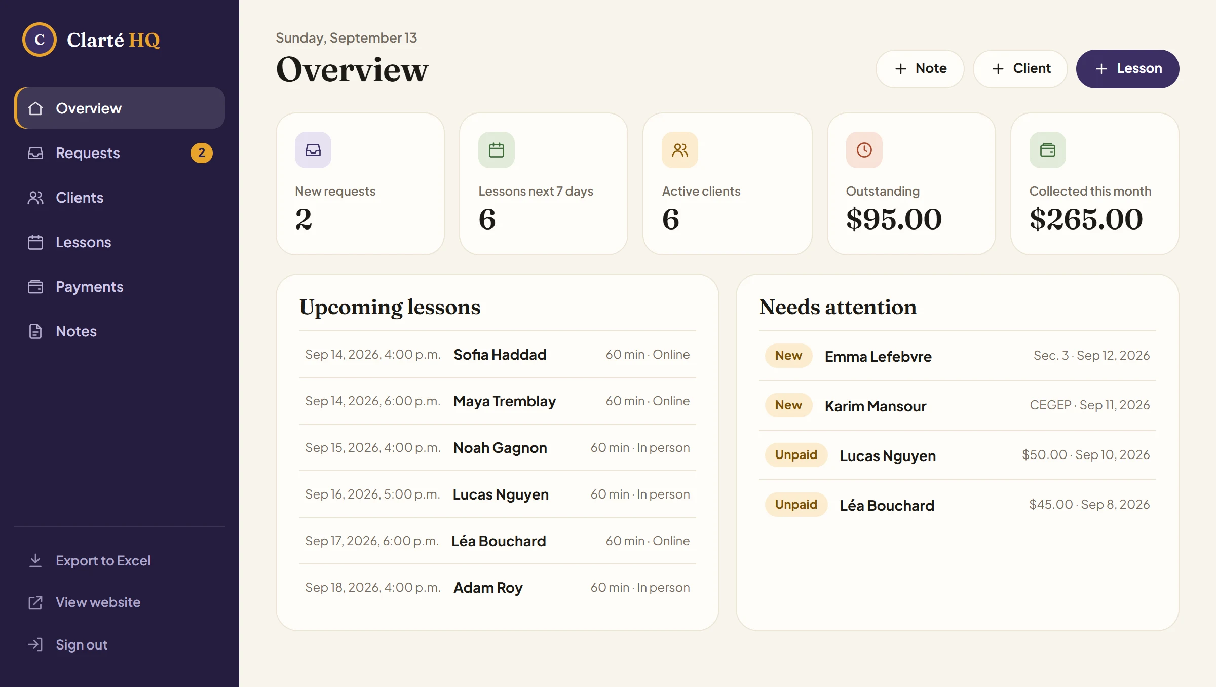 The Clarté HQ overview with requests, upcoming lessons and payments