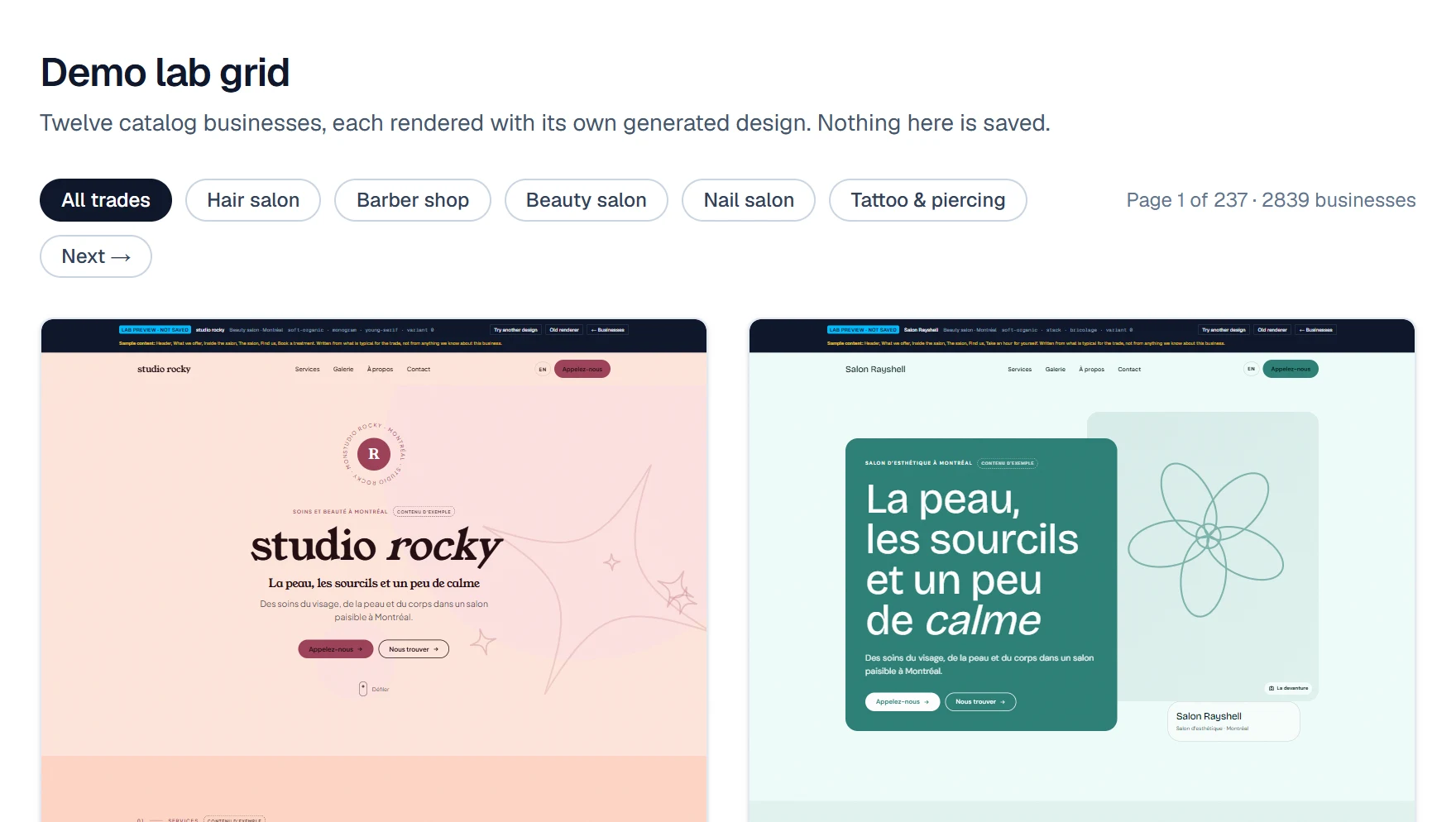 A grid of generated demo websites