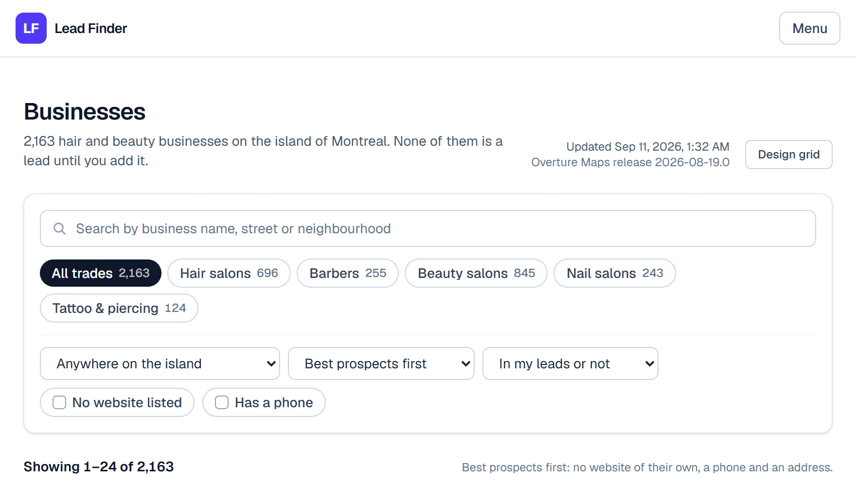 Lead Finder's business search with trade and area filters
